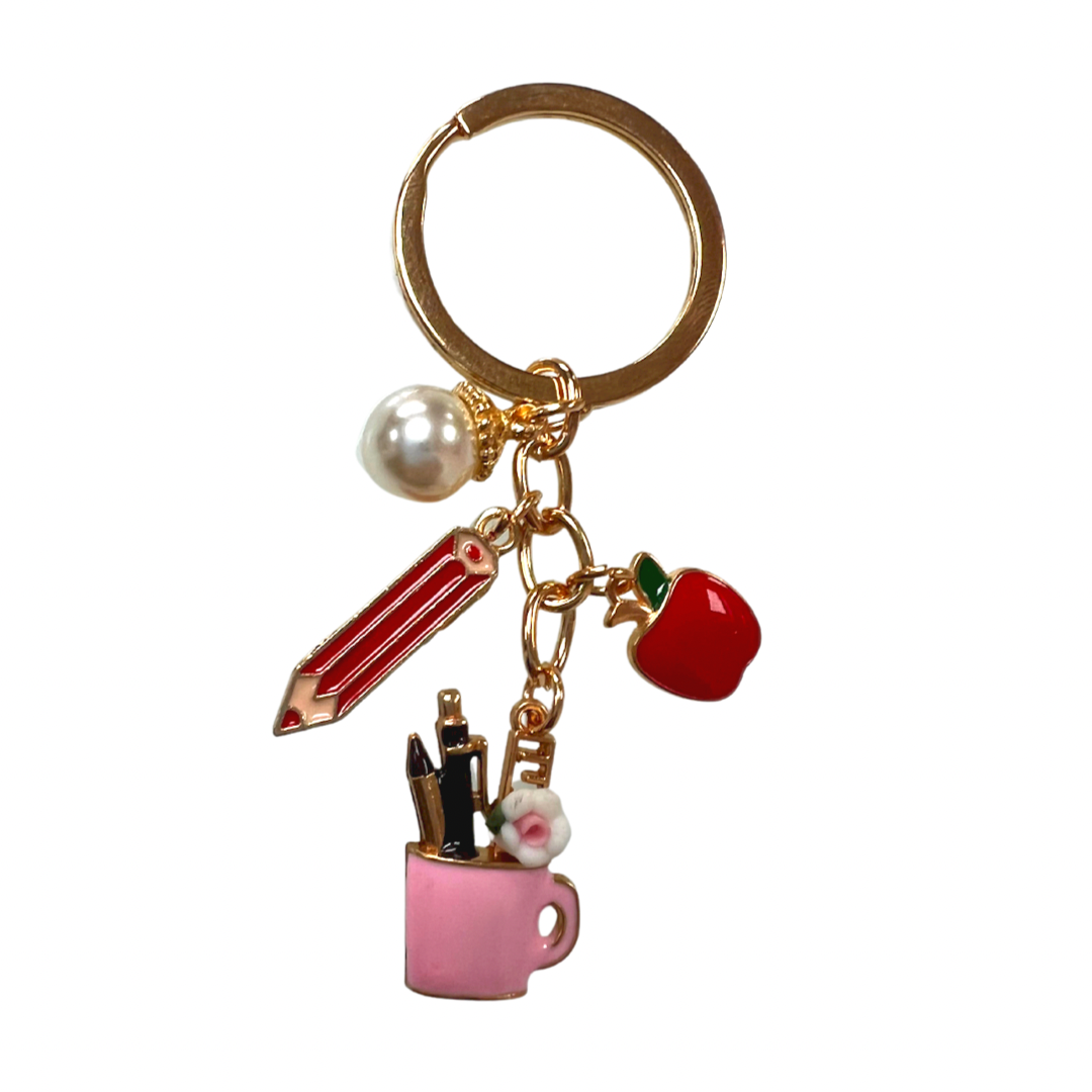 Novelty tea cup, pencil, apple teacher key ring gift